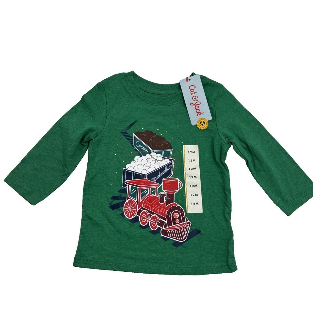 Cat & Jack Boys 12M Shirt Green Train Graphic Long Sleeve Christmas T Shirt